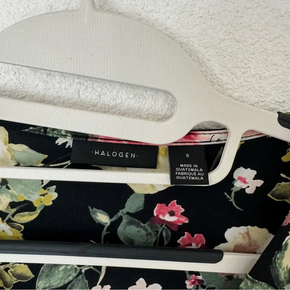 Halogen V-Neck Black Floral Long Sleeve Bell‎ Sleeve Velvet Tie Blouse Small